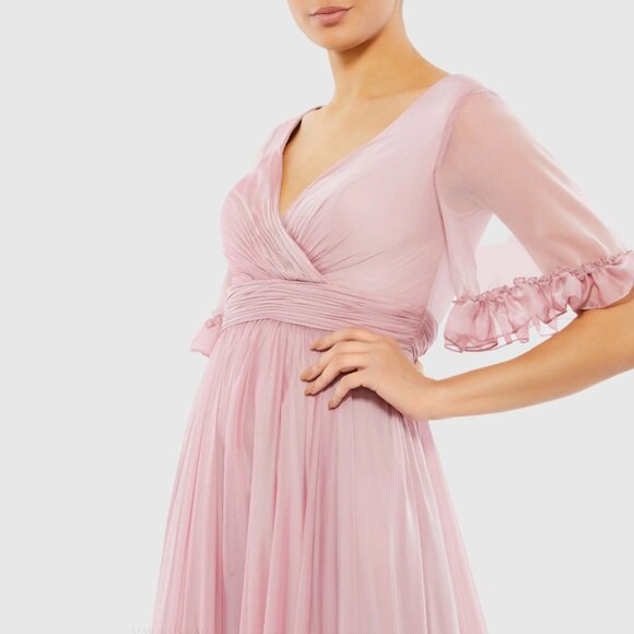 NWT Mac Duggal Butterfly Ruffle Trimmed Sleeve Wrap Over Flowy Gown Rose #A0544 - Picture 2 of 8